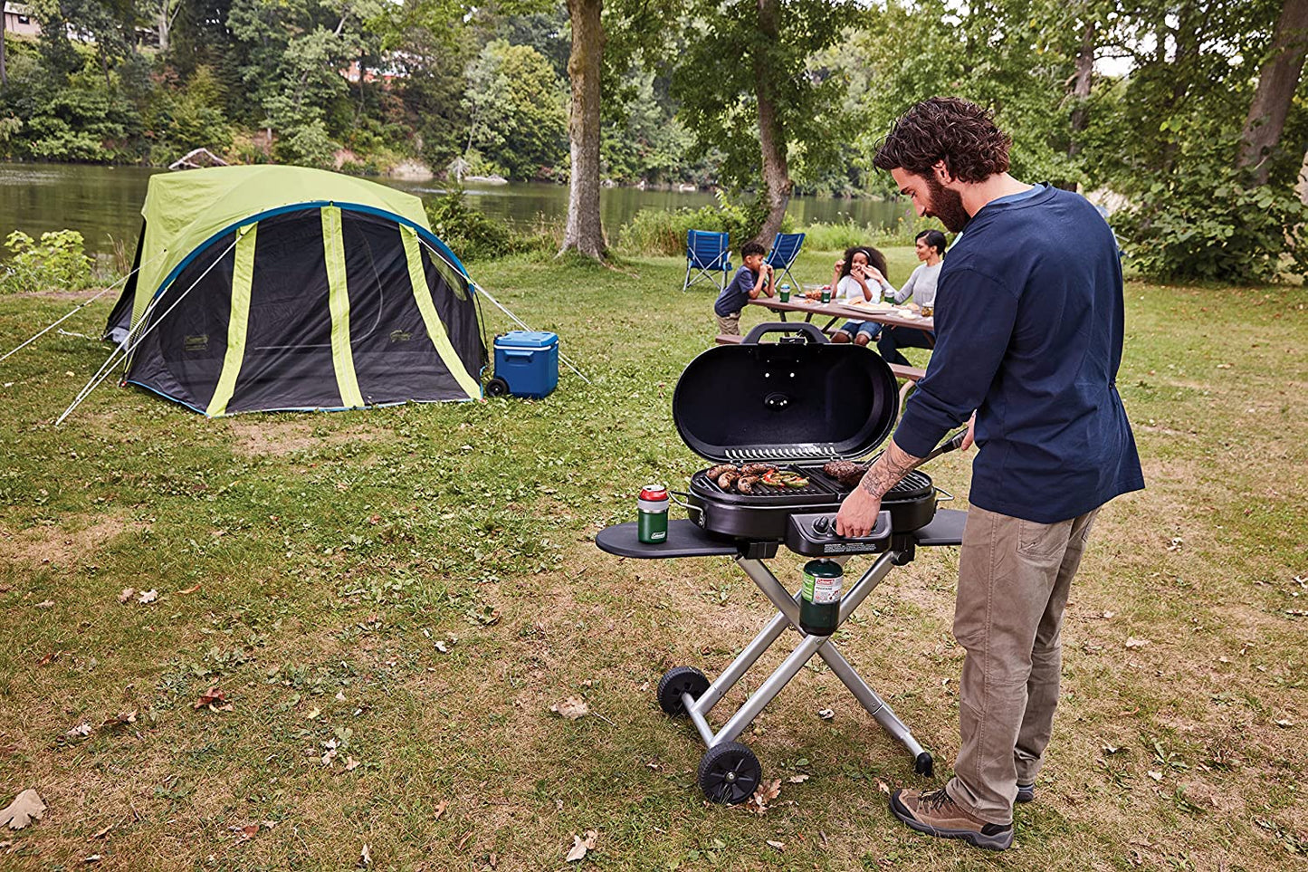 Roadtrip 285 Portable Stand-Up Propane Grill with 3 Adjustable Burners & Instastart Ignition, 20,000 Btus of Power for Outdoor Cooking